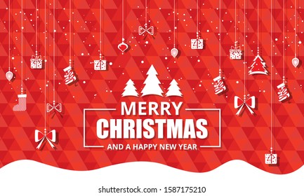 Christmas red background with Christmas decorations. Vector illustration.