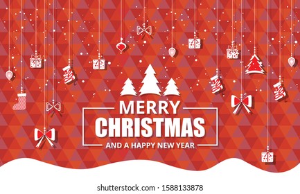 Christmas red background with Christmas decorations. Vector illustration.