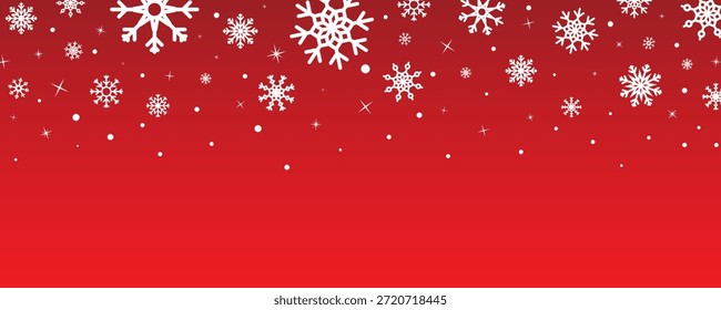 Navidades de fondo rojo con el borde blanco de los copos de nieve que cae. Anuncio de vacaciones de invierno para cabeceras de Sitio web de Navidades, tarjetas de felicitación de año Nuevo, Anuncios de venta de temporada e invitaciones a eventos de vacaciones. Fondo de Vector con espacio de copia