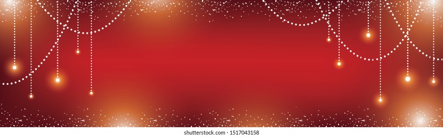 Christmas red background with festive lights garlands, beads and snow