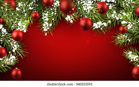 Christmas Red Background Fir Branches Balls Stock Vector (Royalty Free ...