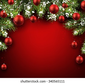 Christmas red background with fir branches and balls. Vector illustration.