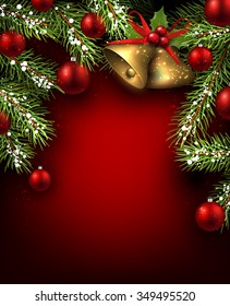 Christmas red background with fir branches and bells. Vector illustration.