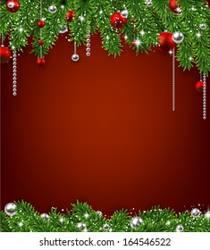 Christmas red background with fir twigs and balls. Vector illustration. 