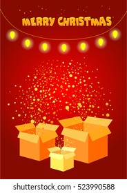 Christmas red background with gifts and lights.