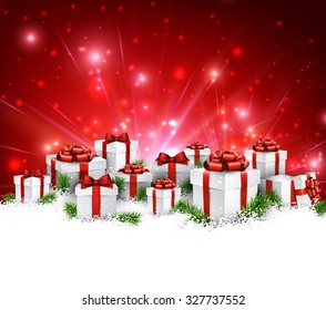 Christmas red background with gifts. Vector Illustration.