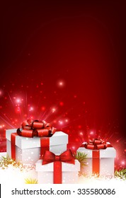 Christmas red background with gifts. Vector illustration.