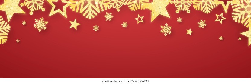 Christmas red background. Glowing gold elements. Bright snowflakes and stars. Holiday poster template. Realistic Xmas decoration. Decorative shining frame. Vector illustration.