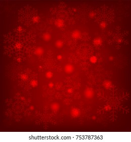 Christmas red background with glowing snowflakes and bokeh