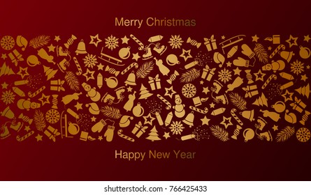 Christmas red background with gold symbols of winter elements. Christmas pattern, wrapping, Wallpaper, textile. Vector background.