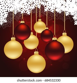 christmas red background with golden and red balls. vector illustration