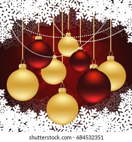 christmas red background with golden and red balls. vector illustration