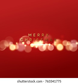 Christmas red background with golden lights bokeh. Xmas greeting card. Magic holiday poster, banner.