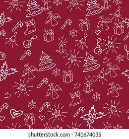 Christmas red background hand drawn. White outlines on red