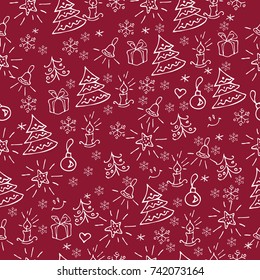 Christmas red background hand drawn. White outlines on red
