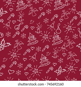 Christmas red background hand drawn. White outlines on red