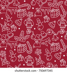 Christmas red background hand drawn. white outlines on red