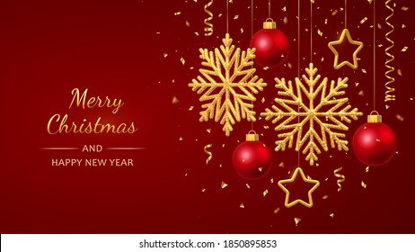 Christmas red background with hanging shining golden snowflakes, 3D metallic stars and balls. Merry christmas greeting card. Holiday Xmas and New Year poster, web banner. Vector Illustration.