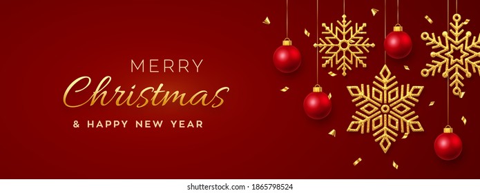 Christmas red background with hanging shining golden snowflakes and balls. Merry christmas greeting card. Holiday Xmas and New Year poster, web banner, header website. Vector Illustration.