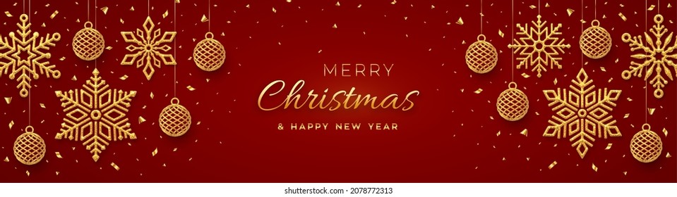 Christmas red background with hanging shining golden snowflakes and balls. Holiday Xmas and New Year poster, web banner. Merry christmas greeting card. Vector Illustration.