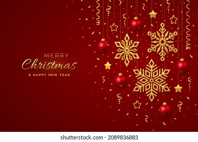 Christmas red background with hanging shining golden snowflakes balls and stars. Merry christmas greeting card. Holiday Xmas and New Year poster, web banner. Vector Illustration.