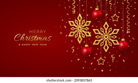 Christmas red background with hanging shining golden snowflakes, 3D metallic stars and balls. Merry christmas greeting card. Holiday Xmas and New Year poster, web banner. Vector Illustration.