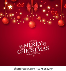 Christmas Red Background with Lights, Glosst Balls and Berries. Vector illustration