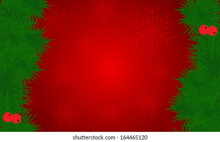 Christmas red background with pine and snowflakes