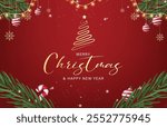 Christmas red background with realistic 3d decorative design elements. Festive Xmas composition flat top view. Vector illustration