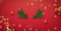 Christmas Red Background With Realistic 3d Decorative Design Elements. Festive Xmas Composition Flat Top View Of Red Gift Boxes, Glowing Garland Decorations, Green Tree Branches. Vector Illustration