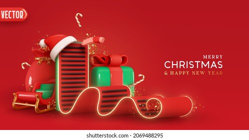 Fondo rojo de Navidad. Elementos reales de diseño 3d de Navidad. Caja de regalo verde, trineo de invierno, bolsa de regalo y regalo. Composición creativa festiva, Carta a Santa Claus. Afiche del Año Nuevo Feliz, afiche web