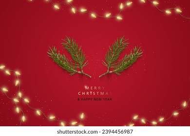 Christmas red background with realistic 3d decorative design elements. Festive Xmas composition flat top view of glowing garland decorations and green tree branches. Vector illustration