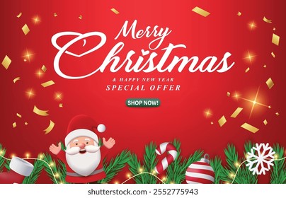 Christmas red background with realistic 3d decorative design elements. Festive Xmas composition flat top view. Vector illustration