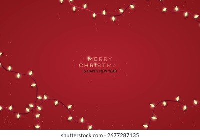 Fundo vermelho Natal com elementos de design 3d decorativos realistas. Festivo Xmas composição vista superior plana de fundo vermelho e brilhantes decorações de grinalda. Ilustração vetorial