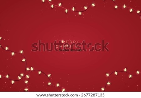 Christmas red background with realistic 3d decorative design elements. Festive Xmas composition flat top view of red background and glowing garland decorations. Vector illustration