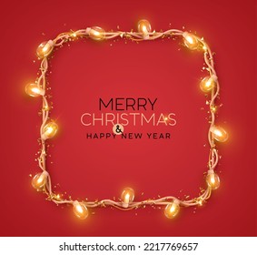 Christmas red background with realistic decoration square frame from glass light garland. Merry christmas greeting card. happy new year. Festive bright design. Xmas holiday poster. vector illustration