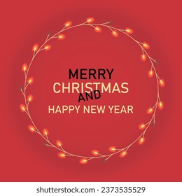 Christmas red background with realistic decoration round ring from glass light garland.