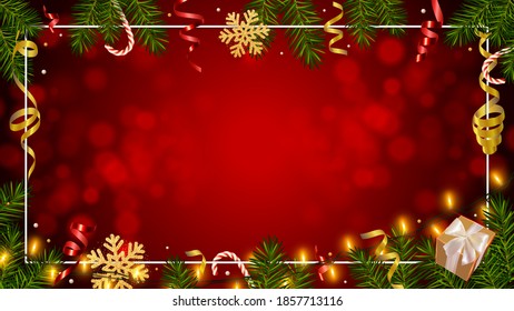 Christmas red background with realistic pine branches, shining garlands, gifts box, candy, glitter gold snowflake, tinsel. Template for Christmas and New Year greeting card, poster, postcard, banner