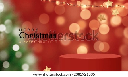 Christmas red background with round stand podium for products studio in golden blurred bokeh lights. New Year's cylindrical stage platform. Realistic 3d scene for mockup products. vector illustration