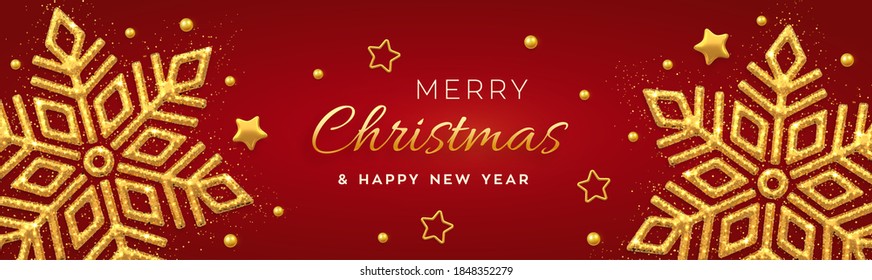 Christmas red background with shining golden snowflakes, gold stars and beads. Merry christmas greeting card. Holiday Xmas and New Year poster, web banner. Vector Illustration.
