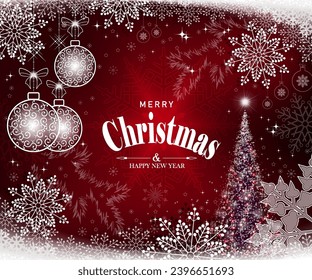 Christmas red background with shining Christmas tree, balls with pattern and snowflakes.