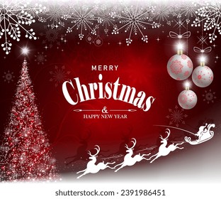 Christmas red background with shiny Christmas tree, balls, snowflakes and Santa Claus on reindeer.