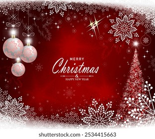 Weihnachtsroter Hintergrund mit glänzendem Weihnachtsbaum, drei weißen Bällen und Schneeflocken