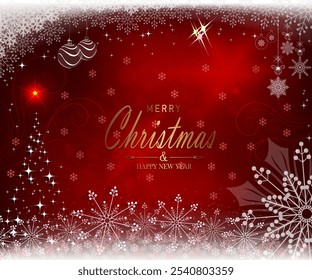 Christmas red background with shiny Christmas tree, snowflakes and Christmas toys.