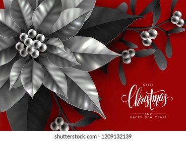 Christmas Red Background with Silver Poinsettia Flowers and Mistletoe