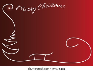 Christmas red background with simple tree, Santa sleigh silhouette and shiny stars. Original Christmas card with wishing Merry Christmas.
