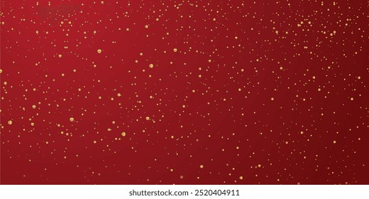 Christmas red background with snow, white falling snowflakes, glowing light. Snowy winter design. Gold glitter star and particle. Magic snowfall. New Year background. Fairy bulb. Vector illustration.