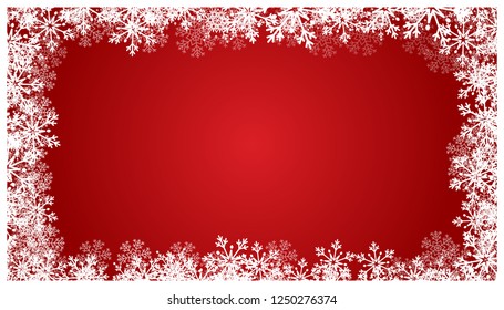 Christmas red background with snowflakes. Holiday snow pattern. New Year holidays red background with falling snow flakes. Christmas pattern. 