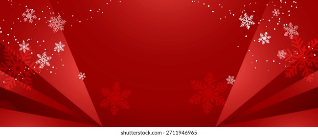 Navidades de fondo rojo con copos de nieve y vigas de luz de diseño