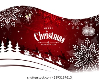 Christmas red background with snowflakes and Santa Claus in a sleigh rides a deer.